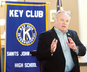 RICHARD MORRISON, chief executive officer of Molded Fiber Glass, addresses the Ashtabula Kiwanis Club on Tuesday at the Ashtabula Arts Center.