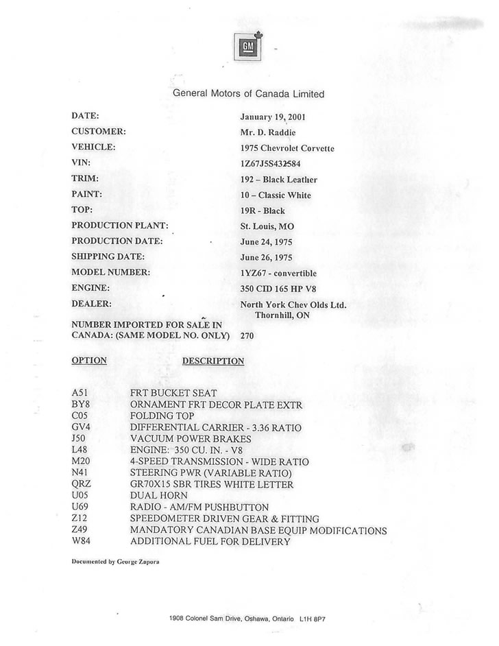 1975 Canadian Corvette Build Sheet