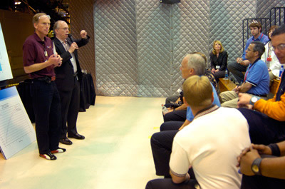 Corvette Chief Engineer, Tadge Juechter (left) and Powertrain's, Sam Winegarden, address automotive media at the Bowling Green Assembly plant.